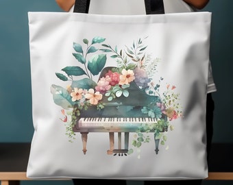 Floral Piano Tote Bag, Piano Flowers Lover Shopping Bag, Pianist Gift, Every day Life Tote Bag, Musician Gift, Cute Piano Player Tote bag