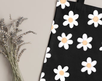 Daisy Tote Bag: Black Canvas Floral Shopping Bag