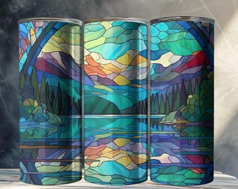 Gebrandschilderd glas bergen beker, bergen minnaar cadeau, drinkgerei, gebrandschilderd glas esthetische beker, bergontwerp, wandelcadeau beker