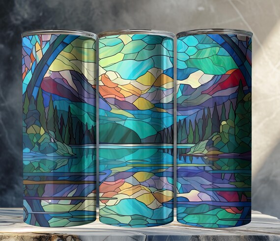 Stained Glass Mountains Tumbler, Mountains Lover Gift, Drinkware, Stained Glass Aesthetic Tumbler, Mountain Design, Hiking Gift Tumbler
