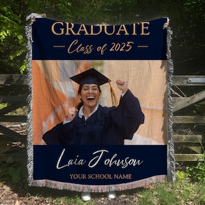 Custom Graduation Woven Blanket Personalized Grad Gift Class of 2025 Keepsake Senior Photo Blanket College Graduate Throw Grad Gift for Her