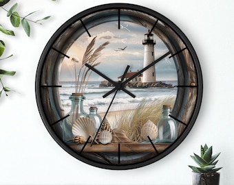 Lighthouse Wall Clock Harour Lover Wall Home Decor Unique Lake Design Flowers Clock Gift Silent Decor Seashells Waves Marine Decor Clock