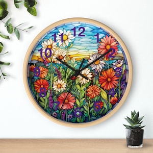 Wildflower Stained Glass Aesthetic Wall Clock Wildflowers Lover Wall Home Decor Unique Stained Glass Design Flowers Clock Gift Silent Decor