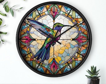 Hummingbird Wall Clock Birds Inspired Wall Clock Stained Glass Hummingbird Wall Home Decor Unique Design Glass Aesthetic Gift Silent Clock
