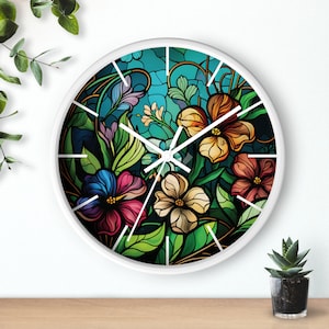 Wildflower Stained Glass Aesthetic Wall Clock Wildflowers Lover Wall Home Decor Unique Stained Glass Design Flowers Clock Gift Silent Decor