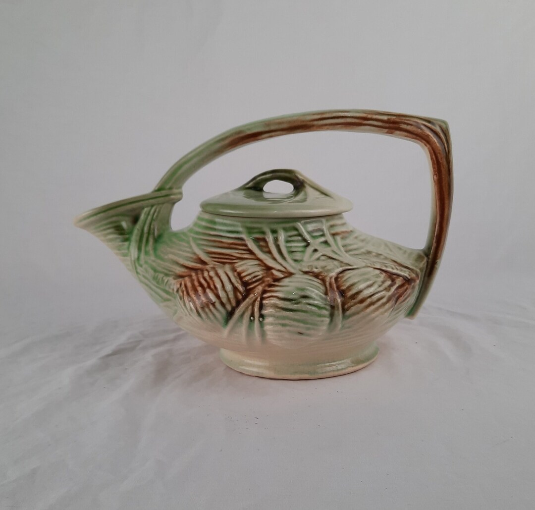 Vintage 1940s Mccoy Pottery Teapot Pinecone Green Brown Beige Etsy