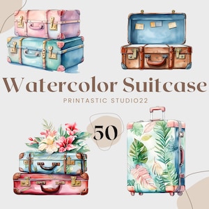 Paquete de acuarela de maleta, imágenes prediseñadas de vacaciones en acuarela, imágenes prediseñadas de acuarela, imágenes prediseñadas de maleta