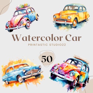 vintage car watercolor bundle, car clipart in watercolor, watercolor clipart, clipart of cars