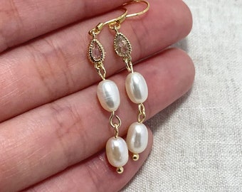 14K Gold Filled Freshwater Pearl and Cubic Zirconia Drop Earrings, Multiple Pearl Dangle Earrings, Bridal Wedding Earrings, Bridesmaid Gift