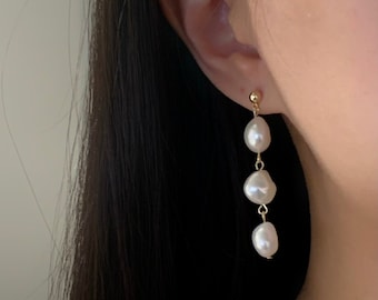 14K Gold Filled Natural Baroque Multiple Pearls Dangle Earrings, Real Pearl Drop Earrings, Wedding Bridal Earrings, Gifts for Mom