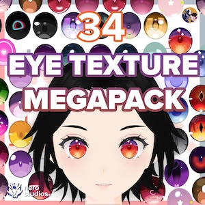 Op de afbeelding: Digitale illustratie van een anime-stijl gezicht met rode en oranje ogen. De afbeelding bevat de tekst "34 EYE TEXTURE MEGAPACK." De achtergrond toont verschillende oogtexturen in verschillende kleuren en stijlen.