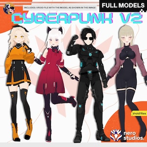 May include: A promotional image featuring four stylized digital character models in a cyberpunk theme. The models are dressed in futuristic outfits with vibrant colors, including orange, red, and black. Text includes "CYBERPUNK V2" and "FULL MODELS".