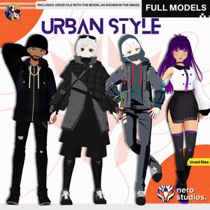 May include: Image featuring four digital models in urban style clothing. The models are wearing various outfits, including jackets, hoodies, and skirts. The image includes the text "URBAN STYLE" and "FULL MODELS". The image also includes the text "nero studios."