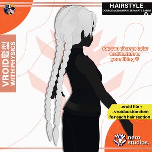 May include: A digital illustration of a character with long, white, double braids and separate bangs. The image includes text that says "HAIRSTYLE DOUBLE LONG BRAID SEPARATE BANGS" and "You can change color and texture to your liking". The image also includes the text "VROID 髪型 WITH PHYSICS".
