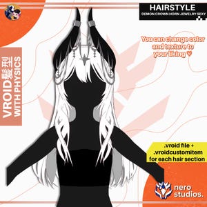 Puede incluir: Ilustración digital de un peinado con cuernos de corona de demonio y joyas. El cabello es blanco y los cuernos son negros. La imagen incluye el texto "HAIRSTYLE DEMON CROWN HORN JEWELRY SEXY" y "Puedes cambiar el color y la textura a tu gusto."