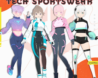 4 Vroid-modellen, Vtuber-modeltuigage, technische sportkleding, kledingitems, voorinstellingen, haar en outfits, allemaal opgenomen in Vroid Studio-bestanden