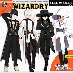 May include: Image featuring four stylized characters in wizard-themed outfits. The characters are dressed in black, white, and gold robes, coats, and hats. The text "WIZARDRY" is displayed prominently at the top, with "FULL MODELS" next to it. The image includes the text "Vroid files" and "nero studios."