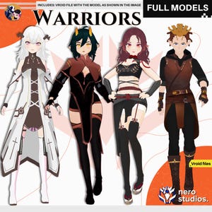 Warrior fighter Vtuber, Scifi girl demon elf rpg, armor horned, vroid assets, vroid clothing, 3D Vtuber model rigged, vroid textures, outfit
