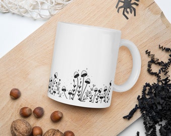 White Mug with Black Mushroom Circle