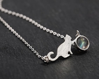 Moonstone Cat Pendant 925 Sterling Silver Chain Necklace Studs Womens Jewellery