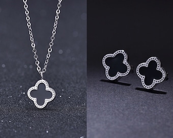 Black Clover Pendant Chain Earrings 925 Sterling Silver Women Jewellery Gift Set Jewelry Gift for Her UK