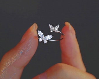 925 Sterling Silver Double Butterfly Adjustable Ring Womens Girls Jewellery
