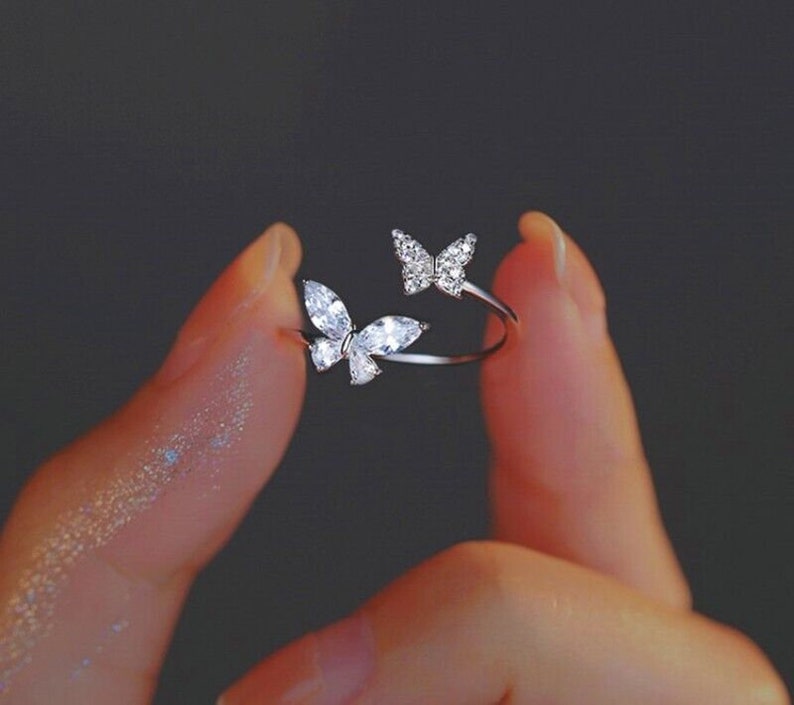 925 Sterling Silver Double Butterfly Adjustable Ring Womens Girls Jewellery image 1