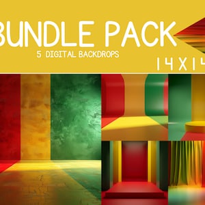 May include: A bundle pack of 5 digital backdrops featuring red, yellow, and green colors in various geometric shapes and textures. The backdrops are 14x14 inches.