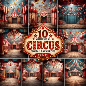 Könnte beinhalten: Eine Sammlung von zehn digitalen Hintergründen zum Thema Zirkus mit rot-weiß gestreiften Zelten, bunten Luftballons und Wimpelketten. Die zentrale Grafik zeigt den Text 10 WHIMSICAL CIRCUS DIGITAL BACKDROPS 14 X 14 in roter und goldener Schrift.