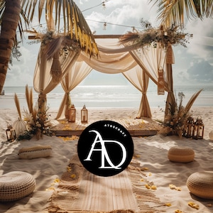 May include: A beach wedding setup with a draped canopy, wooden platform, and decorative lanterns. The scene includes floral arrangements, woven rugs, and seating on the sand. The logo "ATOSCRAFT" is in a black circle.