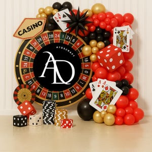 Roulette-Rad-Casino-Digital-Hintergrund | Riesenwürfel, Spielkarten & Luftballons | Vegas Party Hintergrund PNG für Photo Booths - Spieleabend
