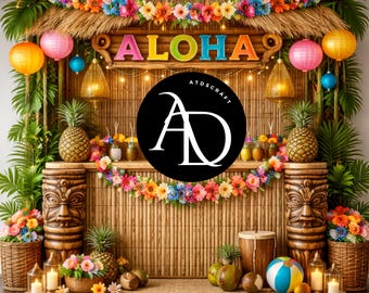 Aloha Luau Party Backdrop, Tropical Tiki Bar Photo Booth, Summer Beach Birthday Decor, Hawaiian Hibiscus Flowers, Tiki Totem Party Banner