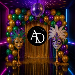 May include: A festive Mardi Gras-themed display featuring gold, green, and purple balloons, a gold sequined curtain, and two decorative masks. A disco ball hangs from the ceiling, and the logo "ATOSCRAFT" is visible.