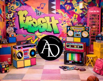 90s Graffiti Studio Backdrop | Colorful Retro Photography Background | Hip Hop 90s Party Photo Wall PNG