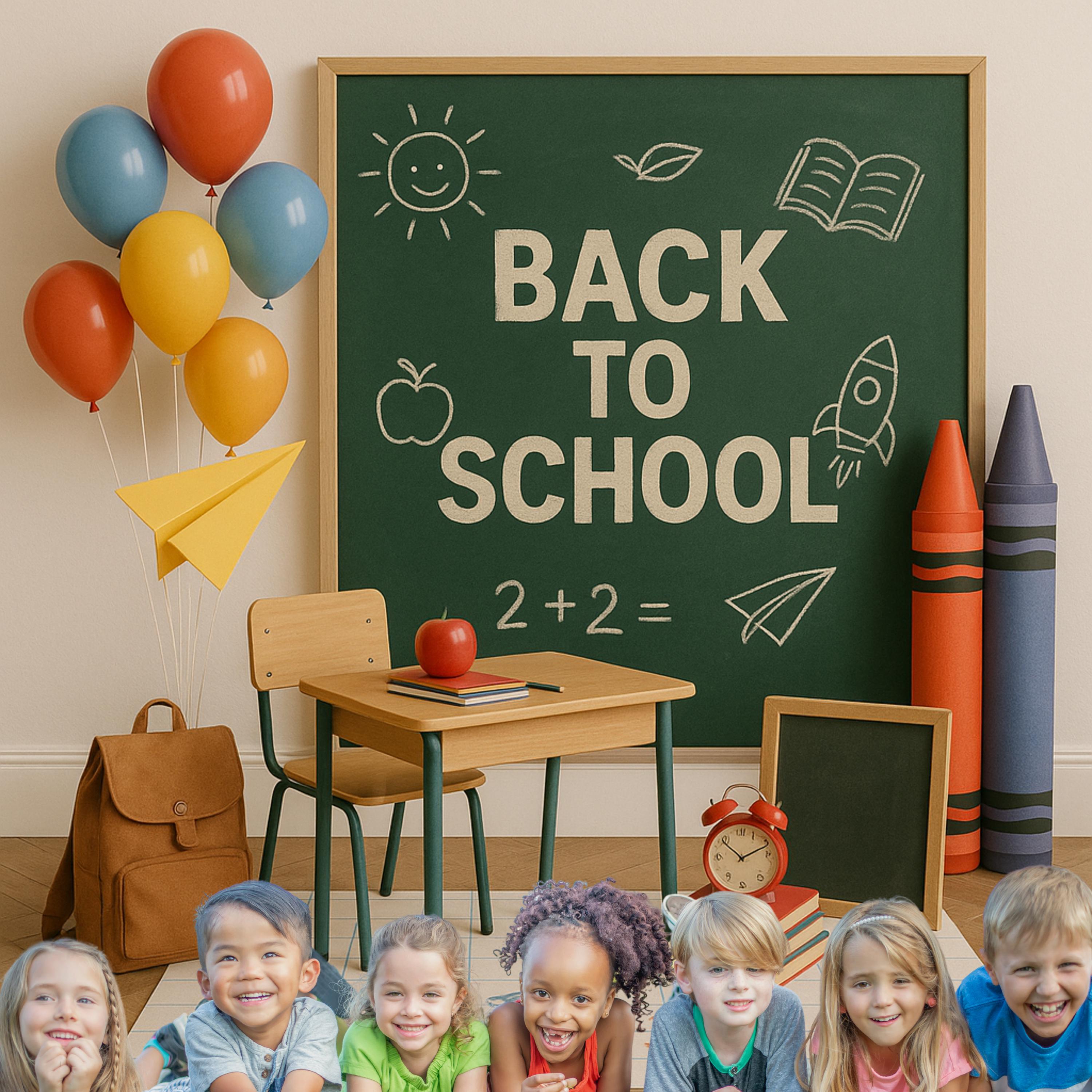 Back to School Digital Backdrop - Chalkboard, Desk Balloons - Classroom ...
