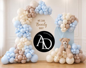Bearly Wait Baby Shower Backdrop PNG, Teddy Bear Baby Boy Balloon Arch Background, Neutral Baby Shower Photo Backdrop