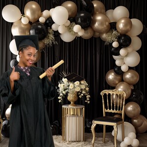 Black and Gold Graduation Backdrop | Elegant Cap and Balloon Setup ...
