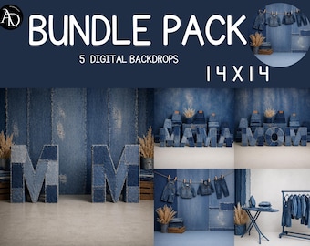Denim Mothers Day Backdrop Bundle PNG, MOM Digital Photo Background, Blue Jean Mommy and Me, 5 Digital Backdrops 14x14