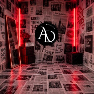 May include: A room interior featuring walls and floors covered in black and white newspaper print. A tall rectangular mirror with a red light border stands on the left. Red vertical neon lights illuminate the corners. A black ottoman sits on the right.