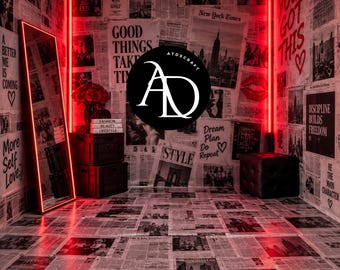 Fashion Newspaper Backdrop, Red Neon Editorial Photography Background, Newspaper Wall Photoshoot, Glam Digital Backdrop