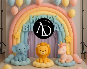 Pastel Rainbow Birthday Backdrop: Lion, Elephant, Unicorn (Digital Download)