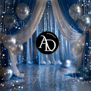 May include: A blue and white backdrop with silver balloons and a black circle with the letters "AD" and the text "ATDSCRAFT" in white.