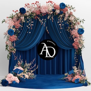 Royal Blue Graduation Backdrop | Velvet Curtains with Floral Arch | Elegant Digital Background for Ceremony, Senior Portraits