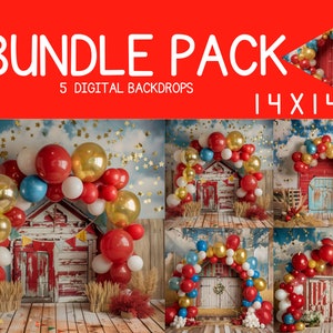 May include: A set of five digital backdrops featuring a red barn with a blue and white balloon arch. The backdrops are 14x14 inches and are perfect for photographers and crafters.