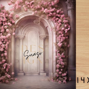 May include: A pink floral backdrop with a white archway and columns. The archway has a white door with the text "Design Studio" written on it. The backdrop is 14 inches by 14 inches.