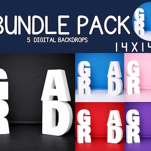 Può includere: Un pacchetto di 5 sfondi digitali. L'immagine presenta il testo "BUNDLE PACK" e "5 DIGITAL BACKDROPS". Gli sfondi misurano 35,56 x 35,56 cm e includono la parola "GRAD" in lettere bianche su vari sfondi colorati.