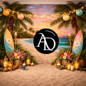May include: A beach-themed display with palm trees, surfboards, and floral arrangements. The scene includes fairy lights, lanterns, and a backdrop of a sunset over the ocean. The image features the text "ATDSCRAFT" in a black circle.
