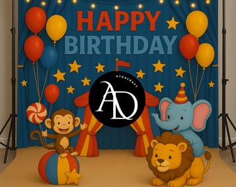 Circus Birthday Backdrop: Tent, Lion, Elephant (Digital Download)