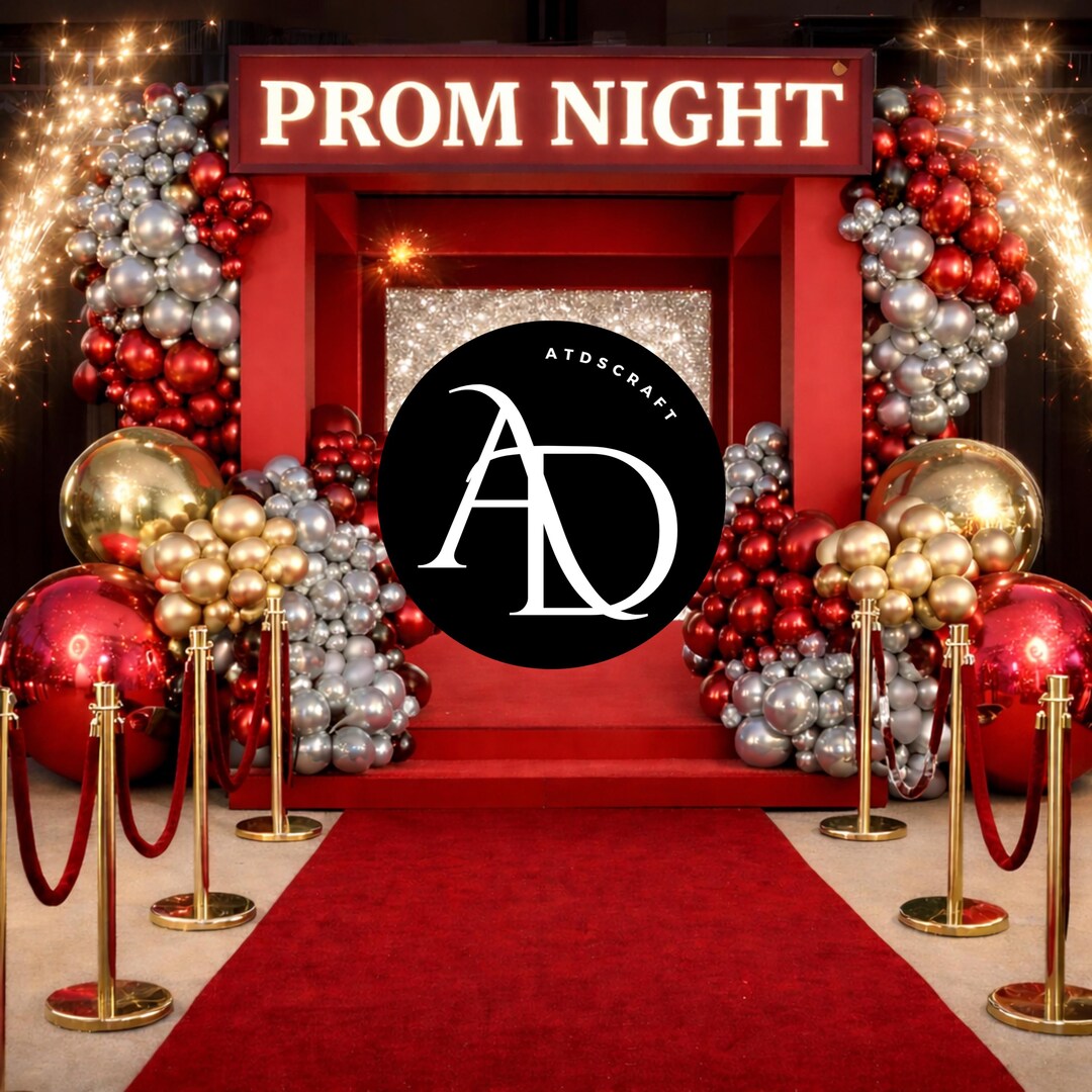 Prom Night Digital Backdrop Red Carpet Background, Gold Silver Balloons ...