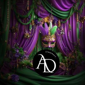May include: A purple and green Mardi Gras themed backdrop with a gold and purple masquerade mask, beads, and a black circle with the letters "AD" in white.